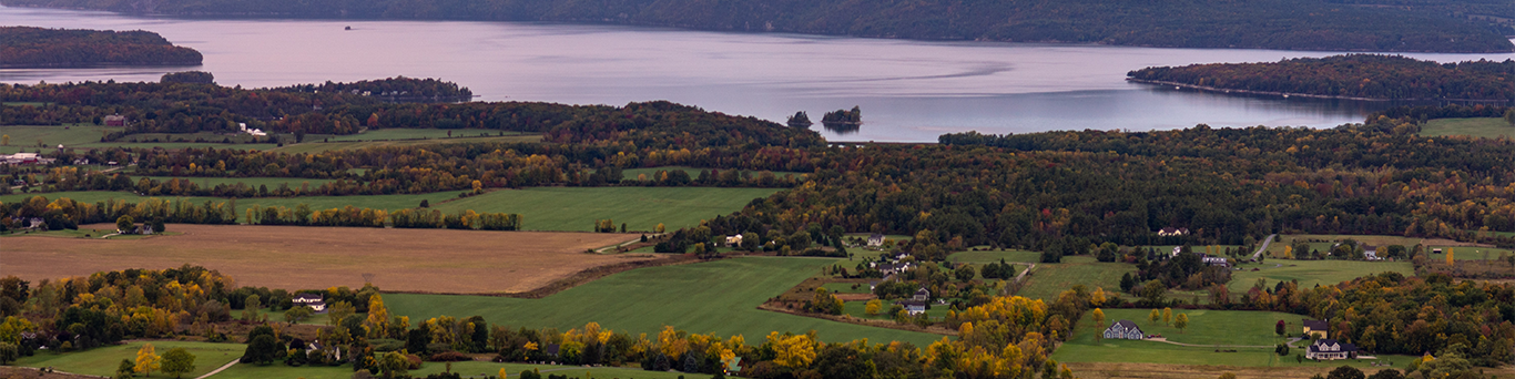 aerial view of Vermont farmland and lake