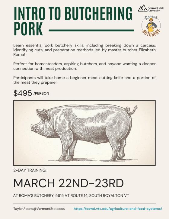 Intro to Butchering Pork event flyer with course information and dates