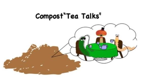 Compost Tea Talks graphic. Image shows soil critters having lunch around a table